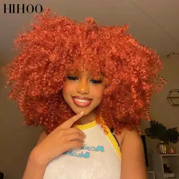 Lyhyet Hiukset Afro Kinky Kihara Peruukki Naisten Punainen Ruskea Kupari Inkivääri Peruukki Otsatukka Blondi Luonnollinen Peruukki Synteettinen Cosplay Hiukset Hihoo