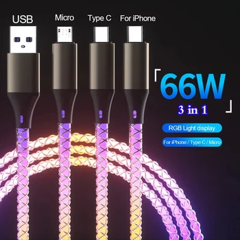3 in 1-Hehkuva LED-Valo 6A 66W Nopea Lataus Micro-USB Type-C-Kaapeli iPhone Samsung Xiaomi Redmi Puhelimen Laturi USB-Kaapeli