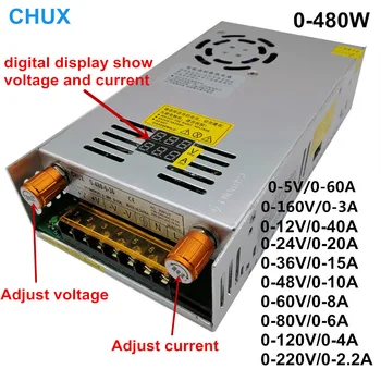 CHUX 480W 5V12V 24V 36V 48V 60V 160V 80V 120v 220V Säädettävissä Vaihtaminen virtalähde Digitaalisen näytön väri sininen kellon m AC DC LED-virtalähde