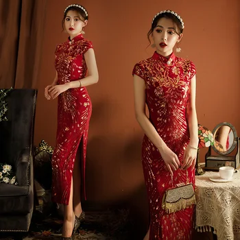 Cheongsam Kiinan Naisten Kitkeminen Tyyli Punainen Klassinen Qipao Vintage-Painiketta Mekot Puku Kevät Juhla Vestidosvelvet Seksikäs Phoenix