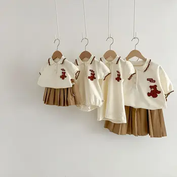 2023 Uusi Tyttö Vauva Sarjakuva Pullover T-paita Laskostettu Hame Kirjailtu Karhu Polo-Paita Löysä Sarjakuva Turn-alas Kaulus Bodysuit
