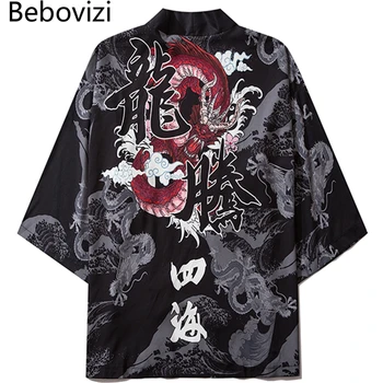 Bebovizi Dragon Tulosta Yukata Miehet Naiset Muoti Villatakki Löysä Pusero Haori Obi-Aasian Vaatteet Harajuku Japanilainen Kimono Cosplay