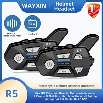 WAYXIN R5 Kypärä Hf-Moottoripyörä Intercom 2 Henkilöä 1200M Ratsastaa Kypäräpuhelimet Universal Pariksi Vedenpitävä FM Bluetooth 5.0 DSP