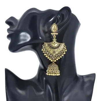 Vintage Intian Etnisten Jhumka Korvakorut Naisten Kullan Väri Big Bell Riipus Sektorin Veistetty Dangle Korvakorut Koruja Tarvikkeet