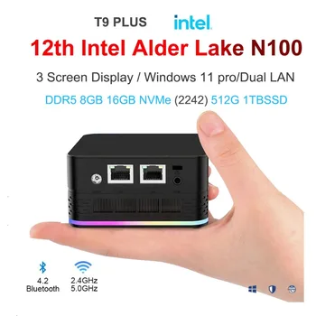 T9 Plus Mini-PC Intel Leppä Järven N100 8GB/16 GT DDR5 256/512 GT/1 TT Windows 11 Pro Tasku Tietokone Dual LAN-Kolme HD-MI Desktop PC