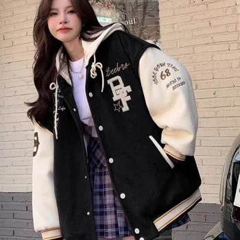 Deeptown Vintage Varsity Pommikone Takki Naisten Ylimitoitettu Korean Muoti Streetwear-Harajuku Y2k Takit Naisten Uusi Päällysvaatteet